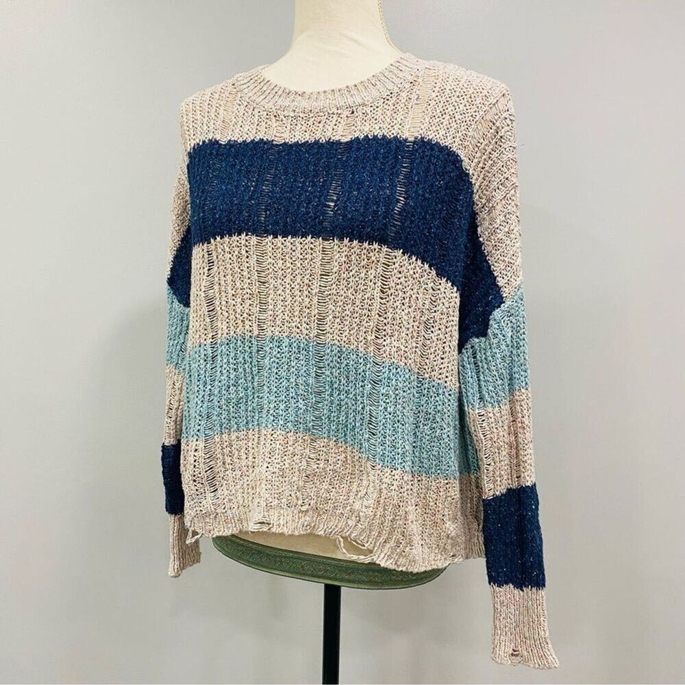 27 MILES MALIBU S Striped Open Knit Linen Silk Distressed Oversized Boxy Sweater